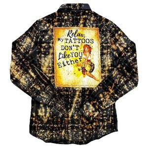 Angry Minnow Flannel Shirt S Black Splatter My Tattoos Don’t Like You Either